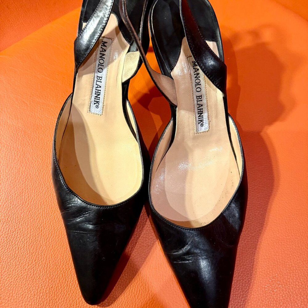 Manalo Blahnik Carolyne Leather Low-Heel Slingback Pump